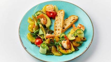 Fresh vegetable salad with tiger prawns