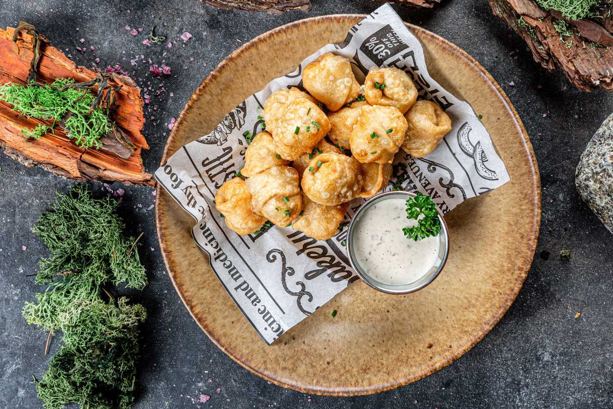 Fried dumplings with chicken with sour cream and mushroom sauce