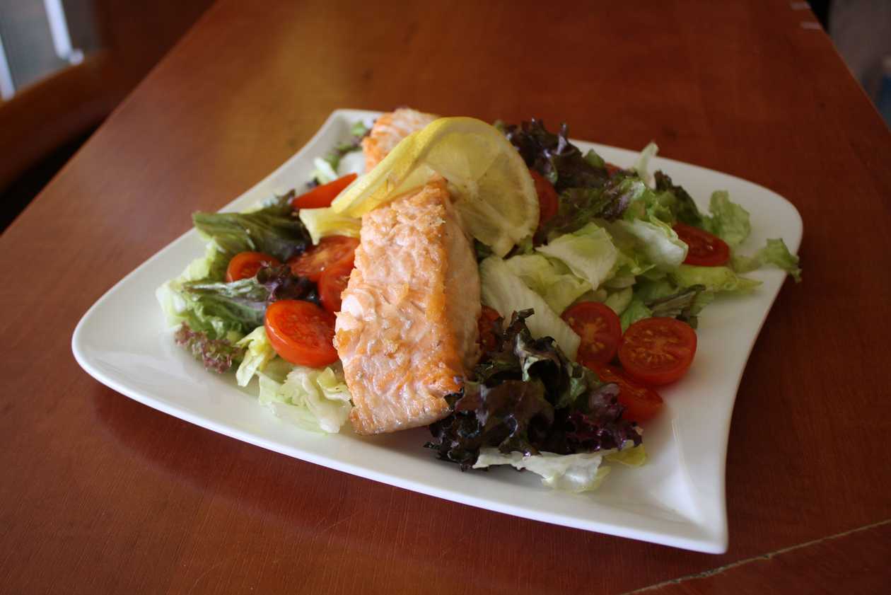 Salmon salad, pizza rolls