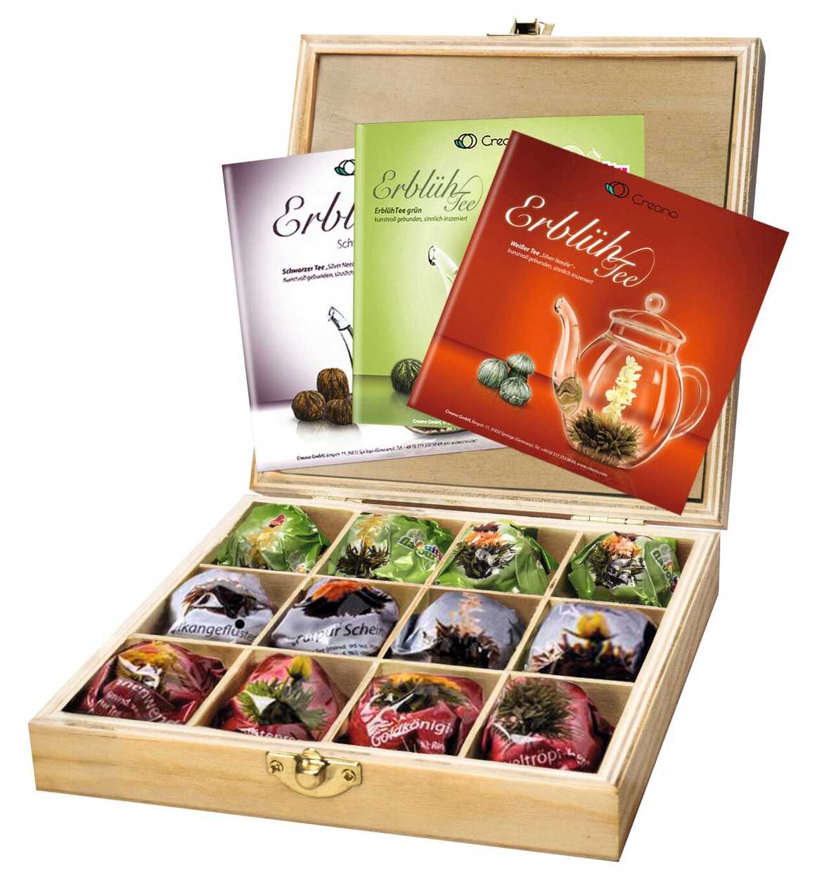 Wooden Box With 12 "Bloomingtea" Balls, green Tea, White Tea, Black Tea