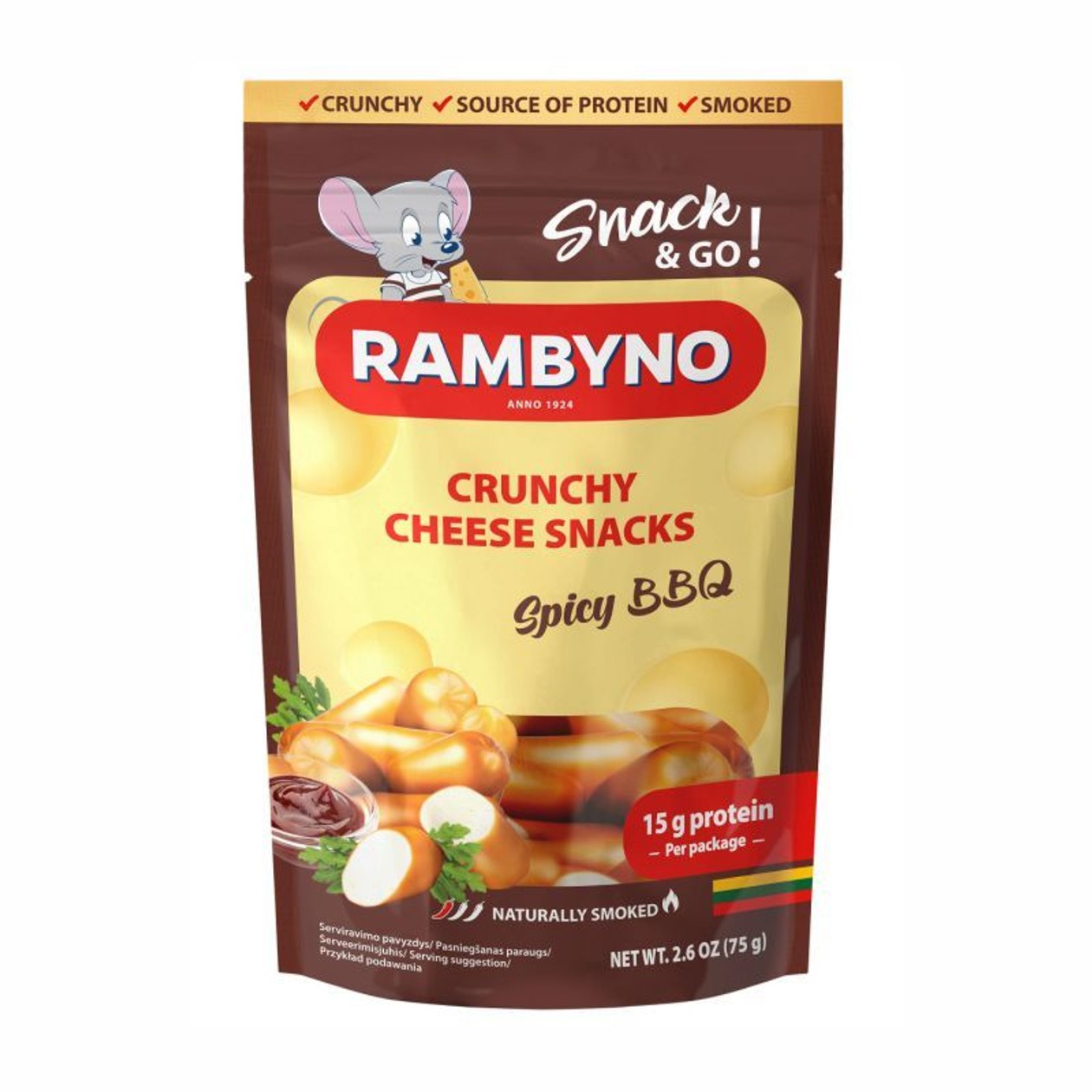 Rūkytas lydytas sūrio užkandis RAMBYNO BBQ skonio su aitriosiomis papr. Chipotle 45% rieb.s.m. 75g