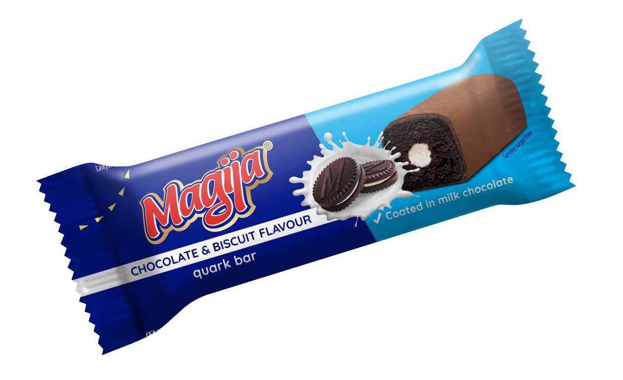 Quark bar "Magija" with a biscuit-flavored filling covered with milk chocolate