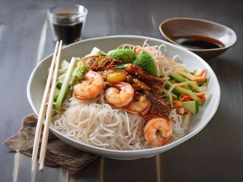 Makaron Ryżowy z Krewetkami Pikantnymi