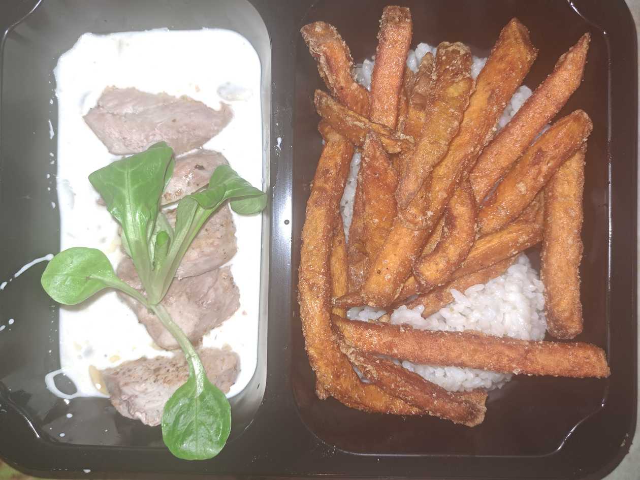 Pork tenderloin in mushroom sauce, rice/sweet potato fries