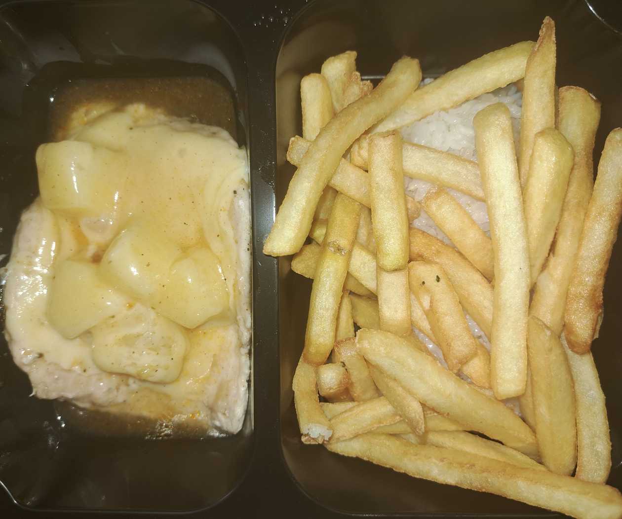 Baked Chicken Hawaii (with pineapple and cheese), rice/fries