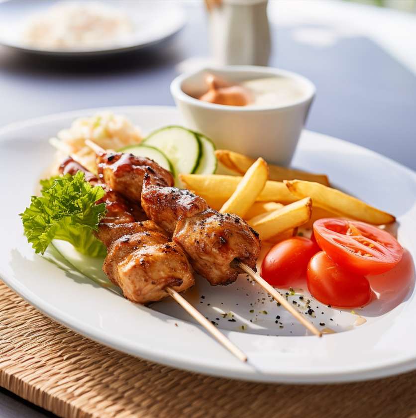 Vištienos iešmelis su šviežiomis daržovėmis ir fri bulvytėmis