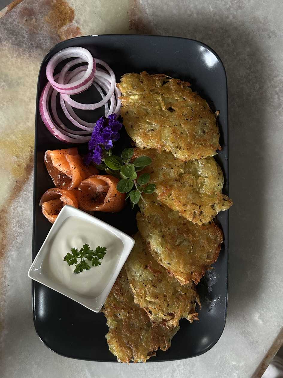 Potato pancakes with salted salmon