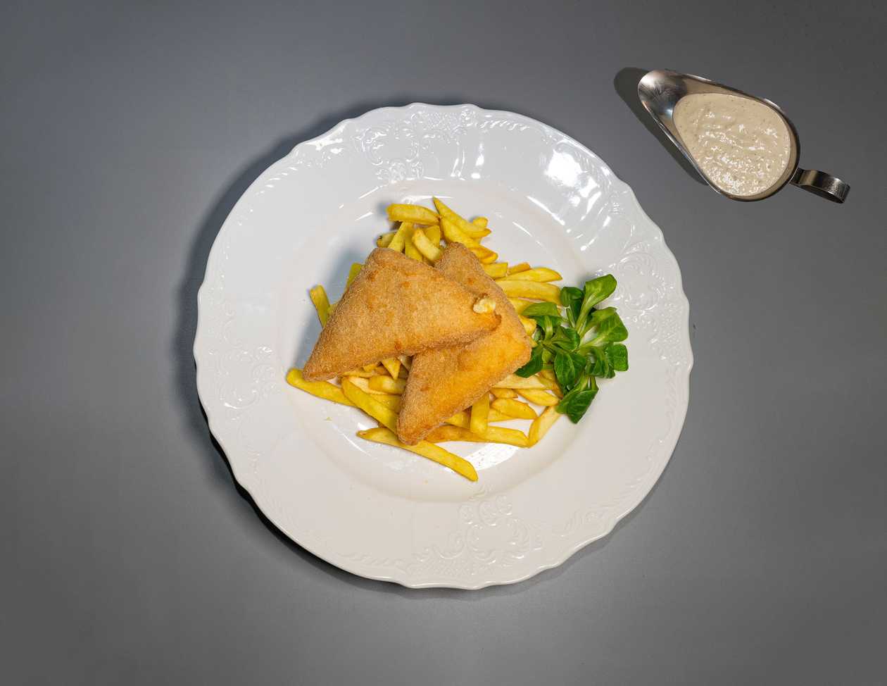 Fried cheese, french fries, tartar sauce