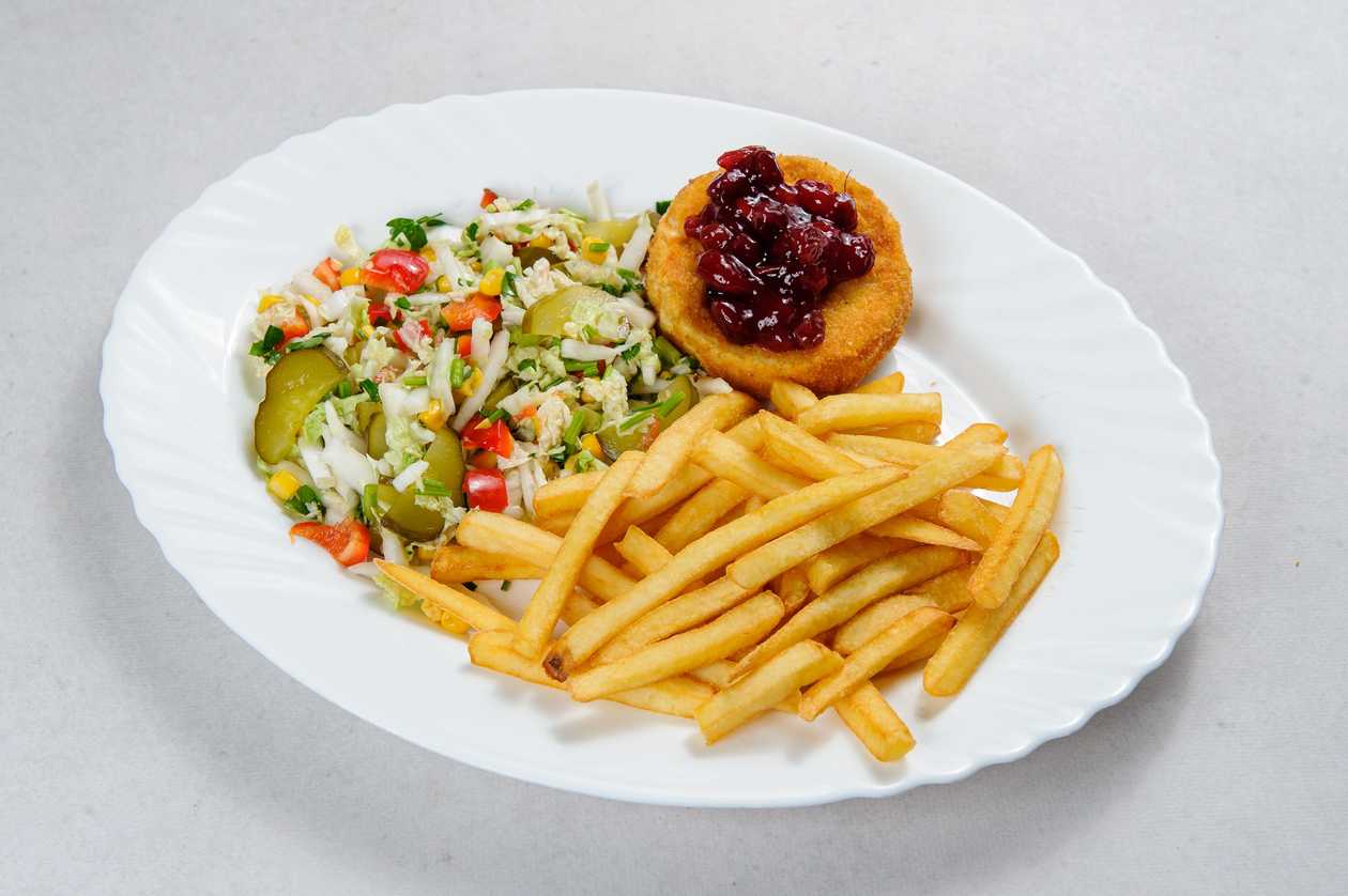 Breaded Camembert with Cranberry, French Fries and Salad