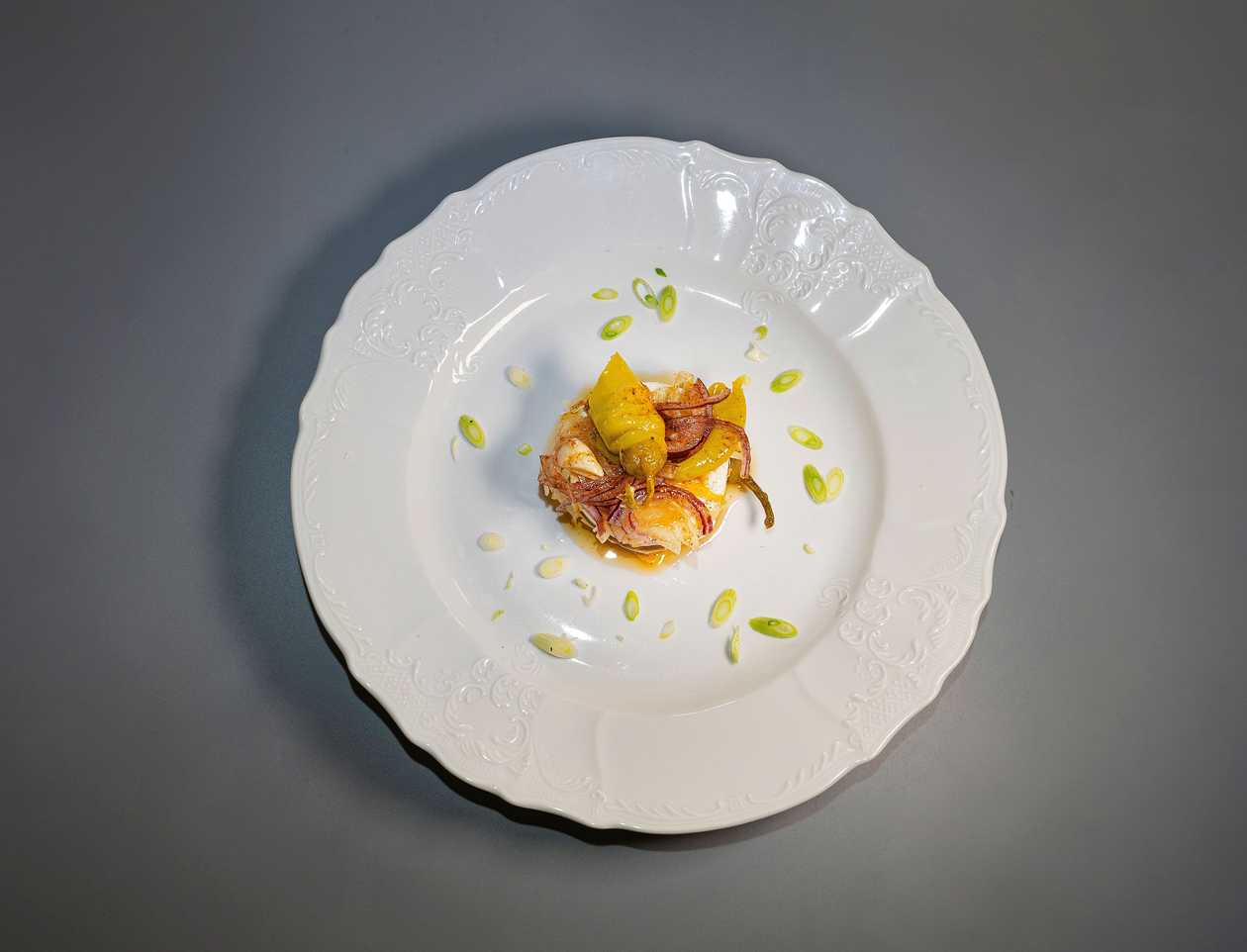 Homemade pickled camembert, pickled capsicum, bread