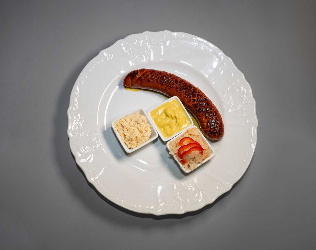 Grilled pepper sausage, mustard, horseradish, bread