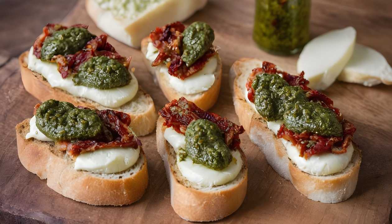 Bruschetta with pesto, mozzarella and sun-dried tomatoes