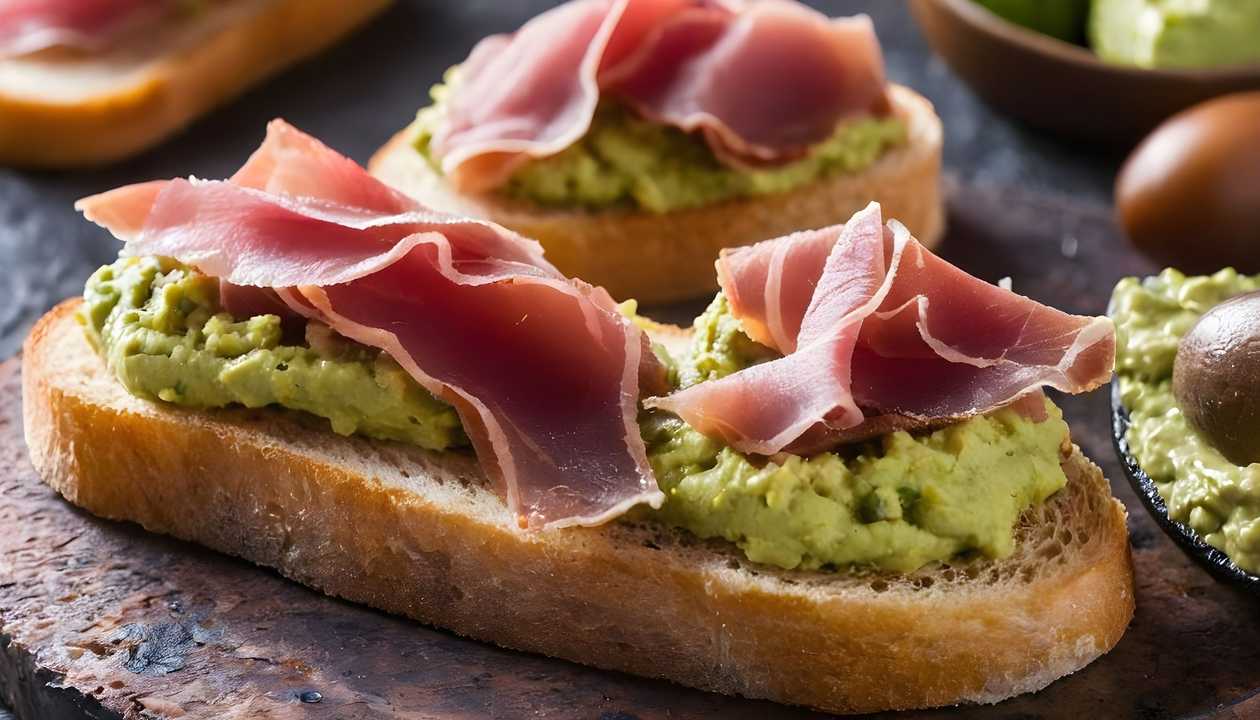 Bruschetta with cured pork ham (jamon) and guacamole