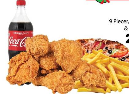 Mega pizza,  18piecer, 2 chips & coleslaw &  2l soda.