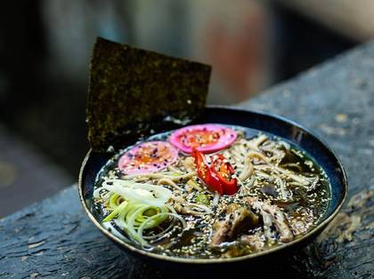 Asian soup with simmered chicken