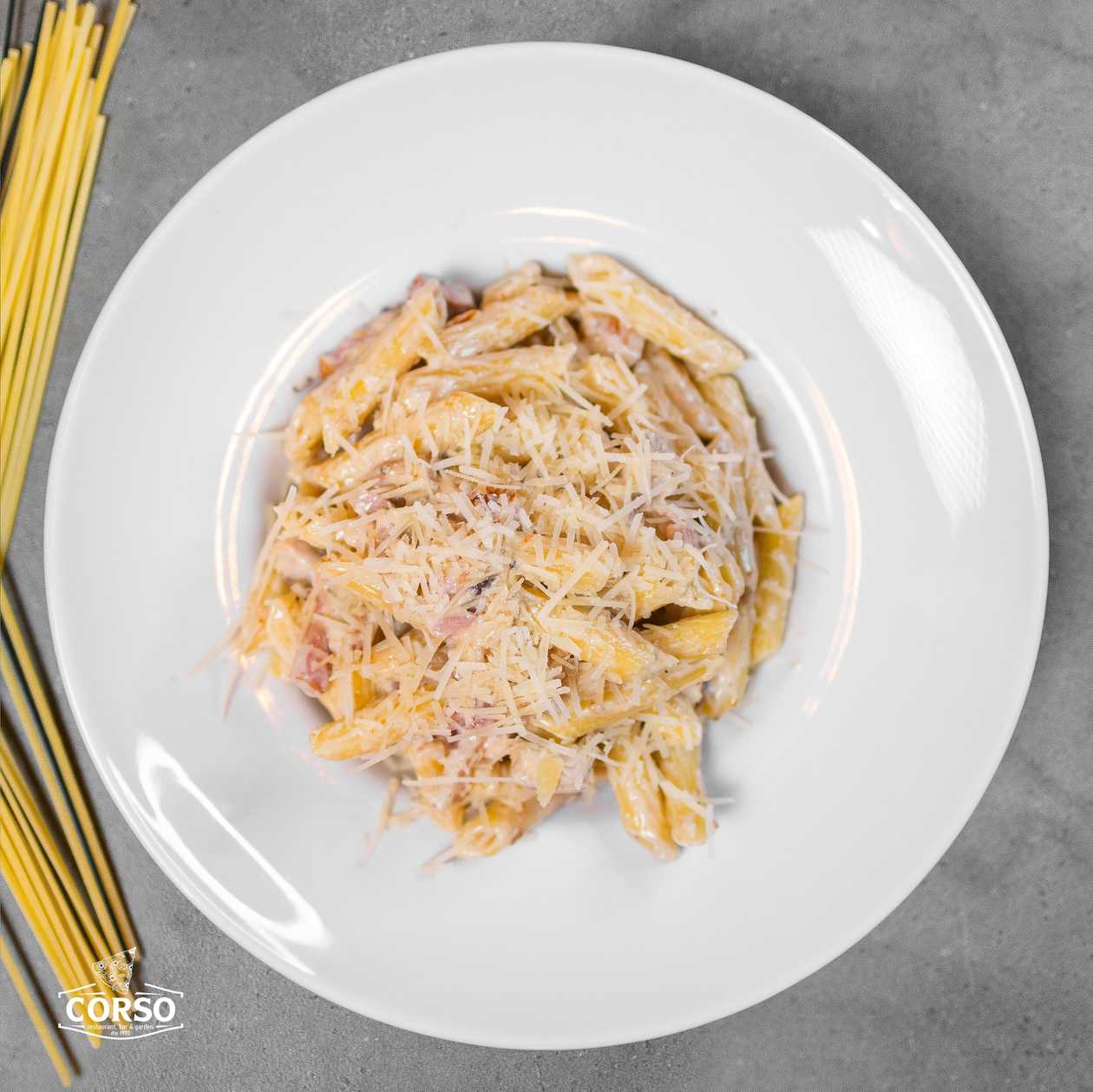 Pasta con pollo e funghi