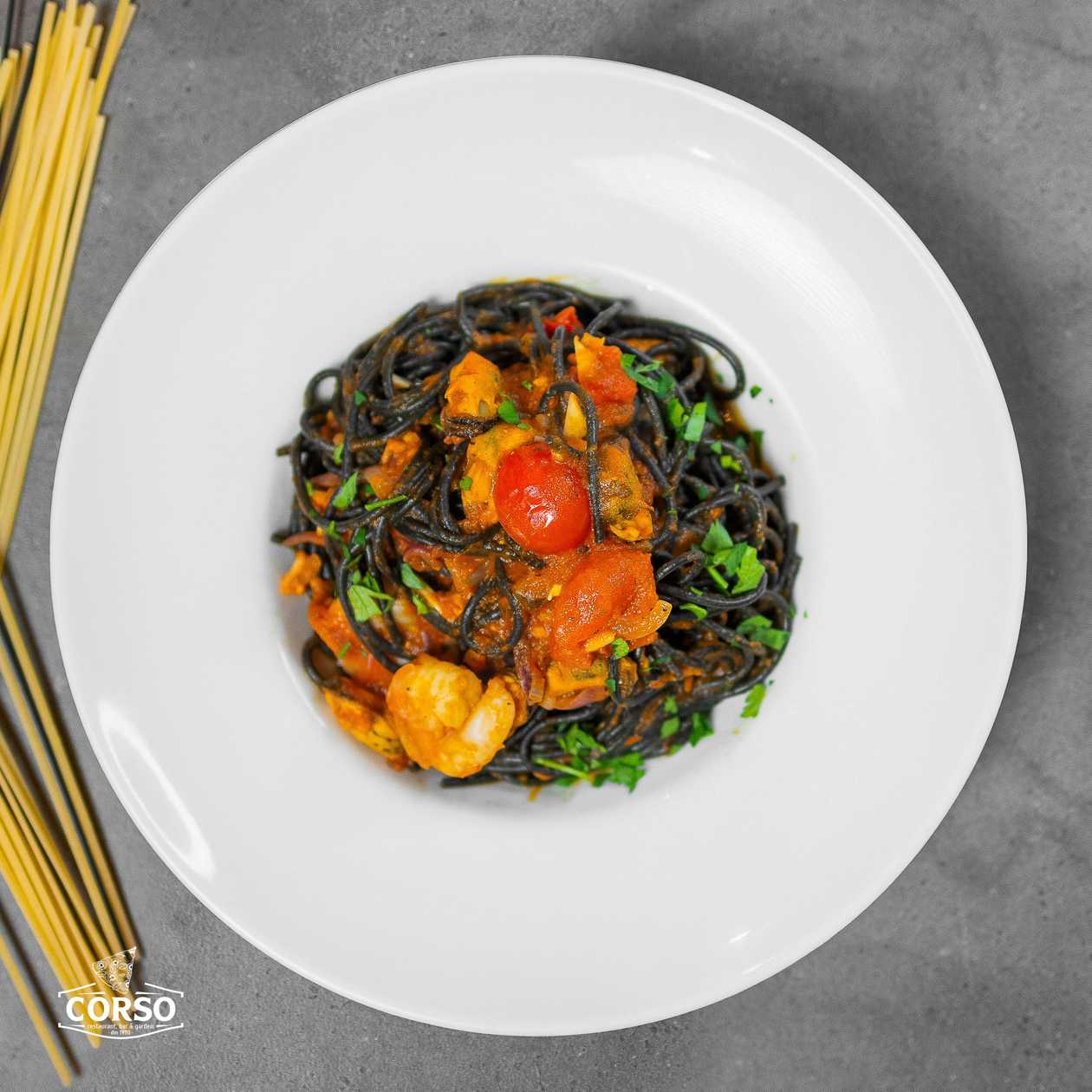 Spaghetti nero with seafood