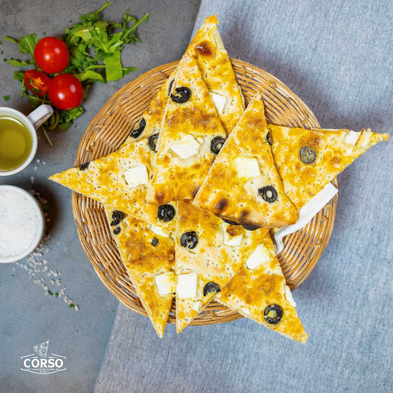 Focaccia with feta cheese and olives