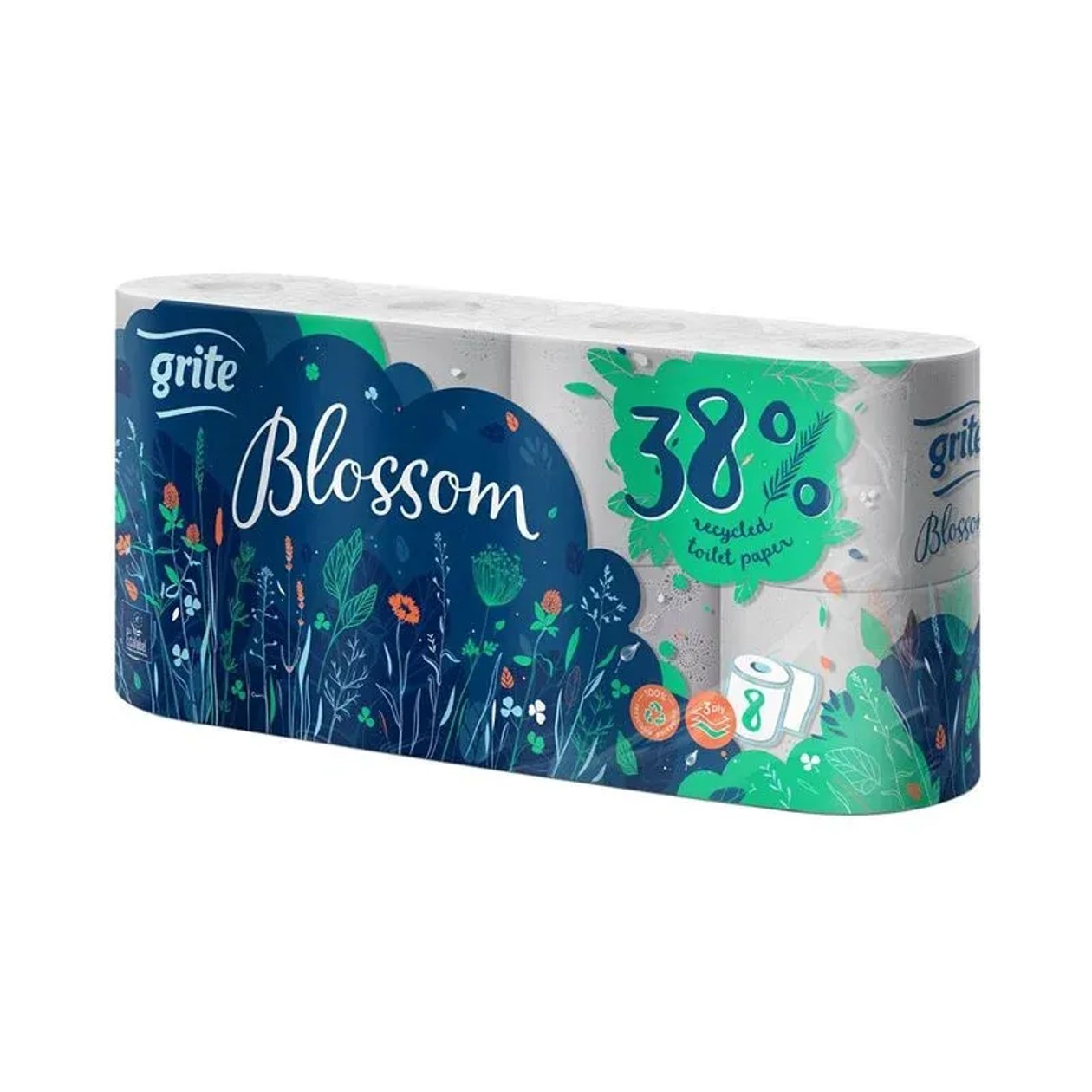 Grite, 3-layer Toilet Paper Blossom 145 sheets, 8pcs