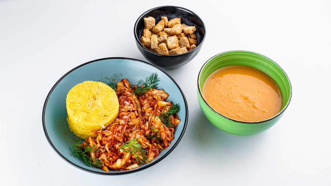 Cream of Broccoli Soup + Baked Cabbage served with Polenta