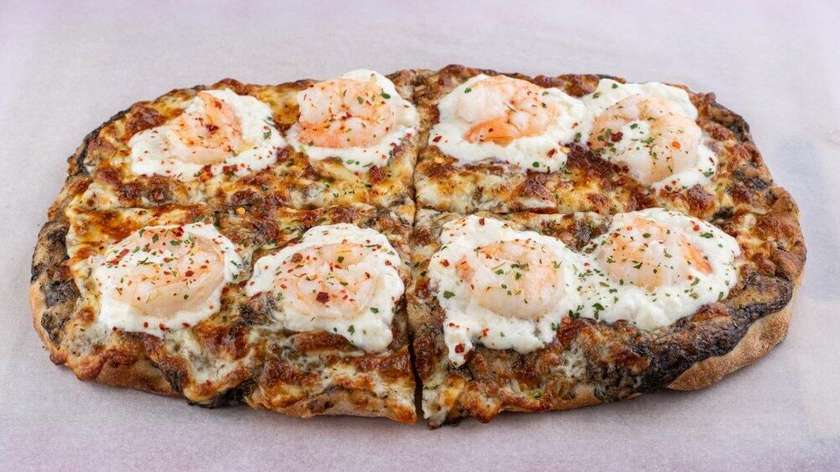 Truffles, prawns and burrata pinsa