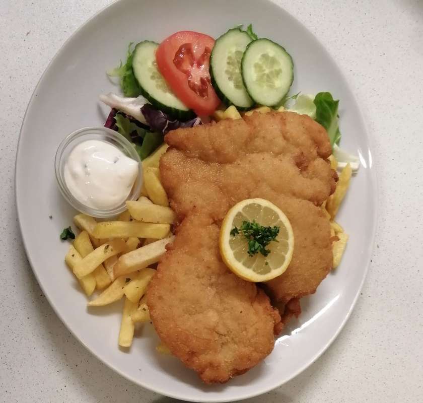 Fried Chicken Schnitzel, Boiled Potatoes, Vegetable Garnish, Tartar Sauce (1,3,12)