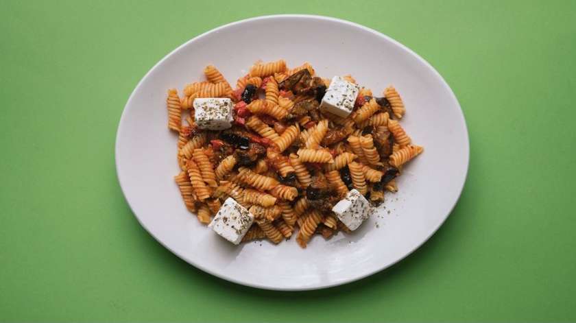 Fusilli Salami, Grilled Aubergine, Feta Cheese & Tomato Sauce Pasta