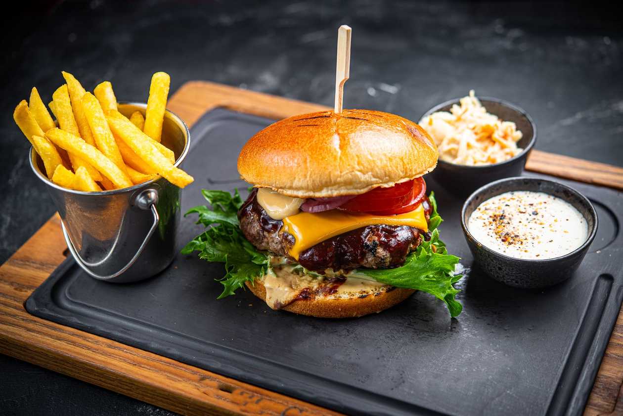 Cheeseburger with Grilled Beef Burger, Onions, and Mushrooms