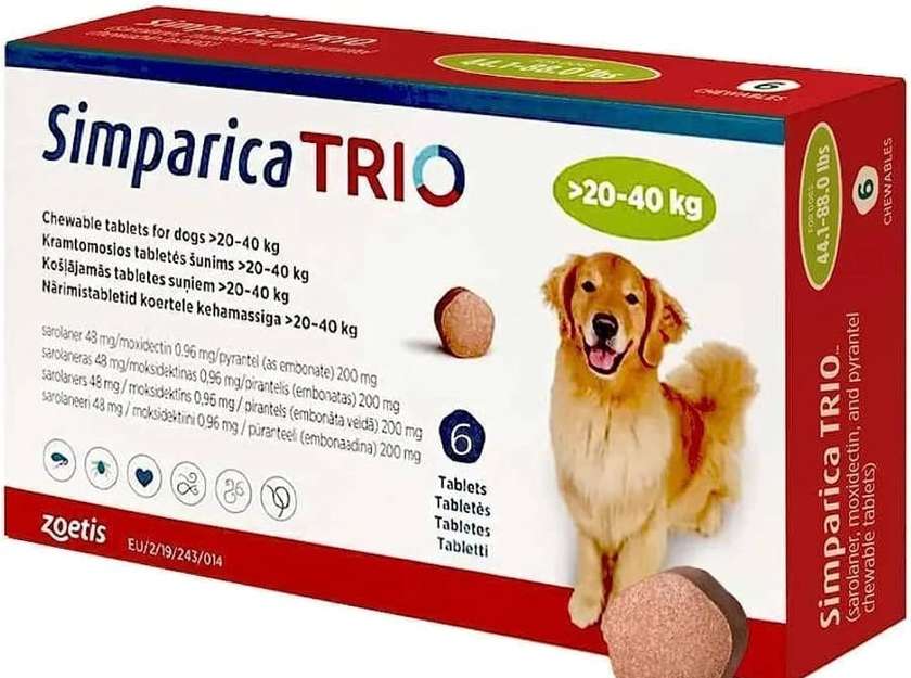 Simparica Trio 20 - 40 კგ 1 აბი ძაღლის ტკიპების და რწყილის კონტროლის ტაბლეტი
