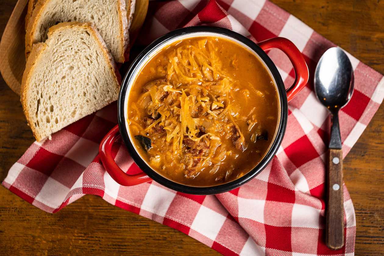 Homemade cabbage soup, bread