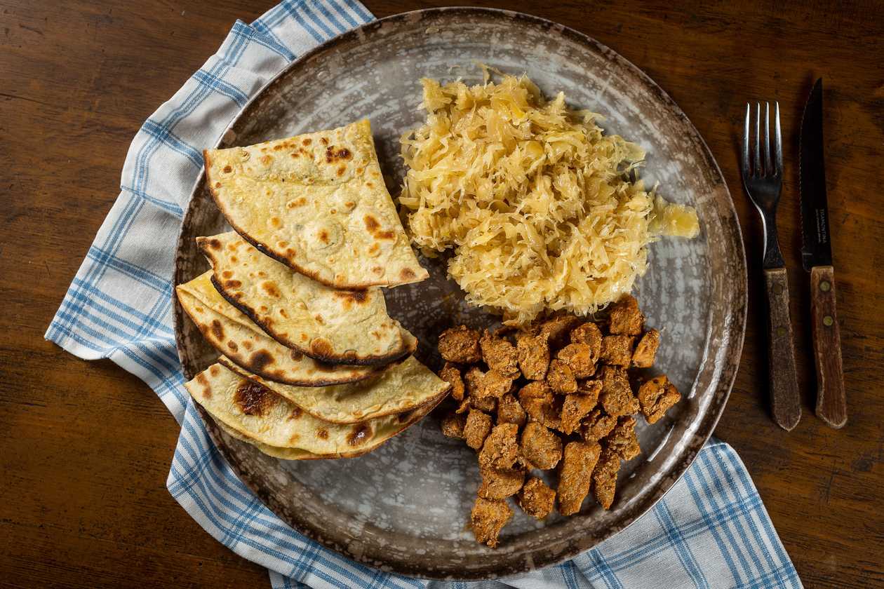 Pork, fried sauerkraut, flatbread
