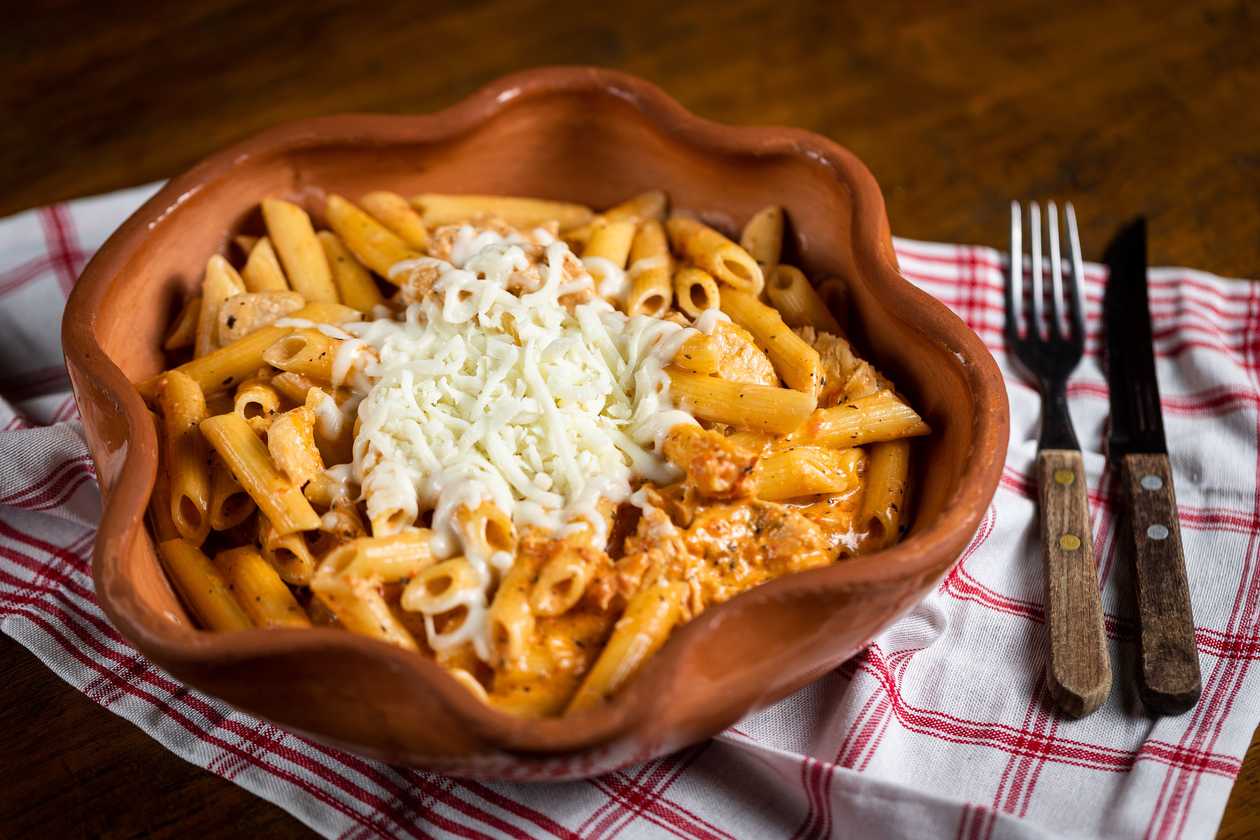 Pasta with chicken in pink sauce