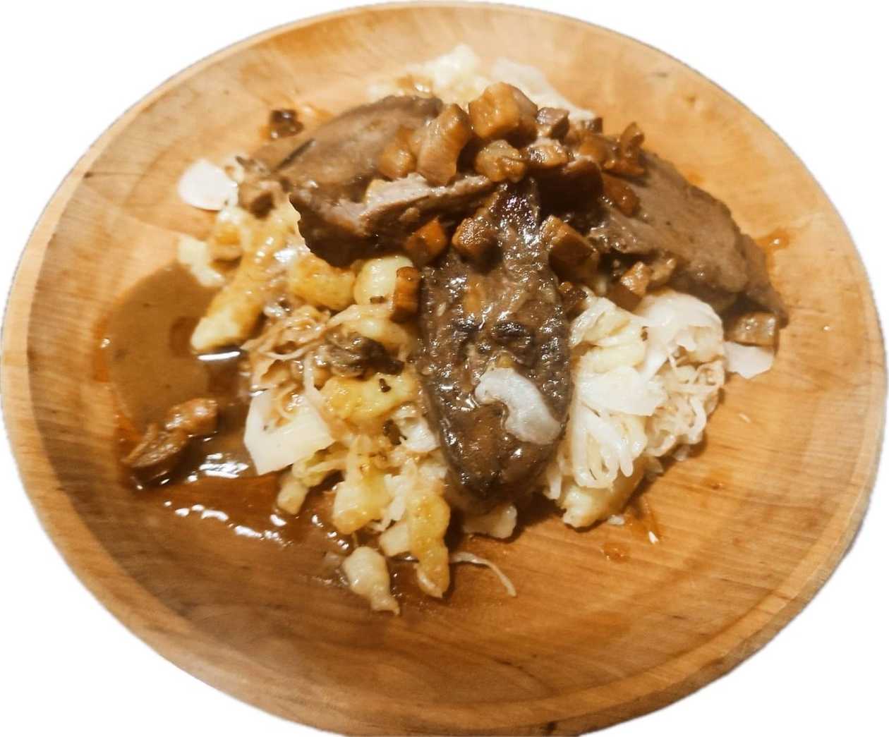 Baked mutton, sztrapacsky with sauerkraut