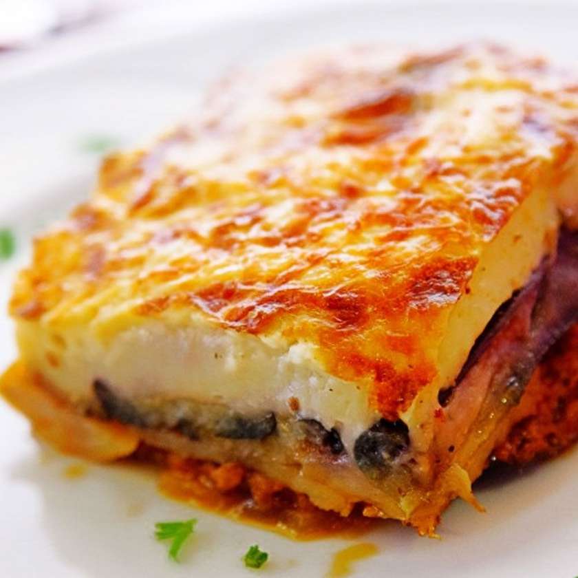 Potato and pork moussaka meal