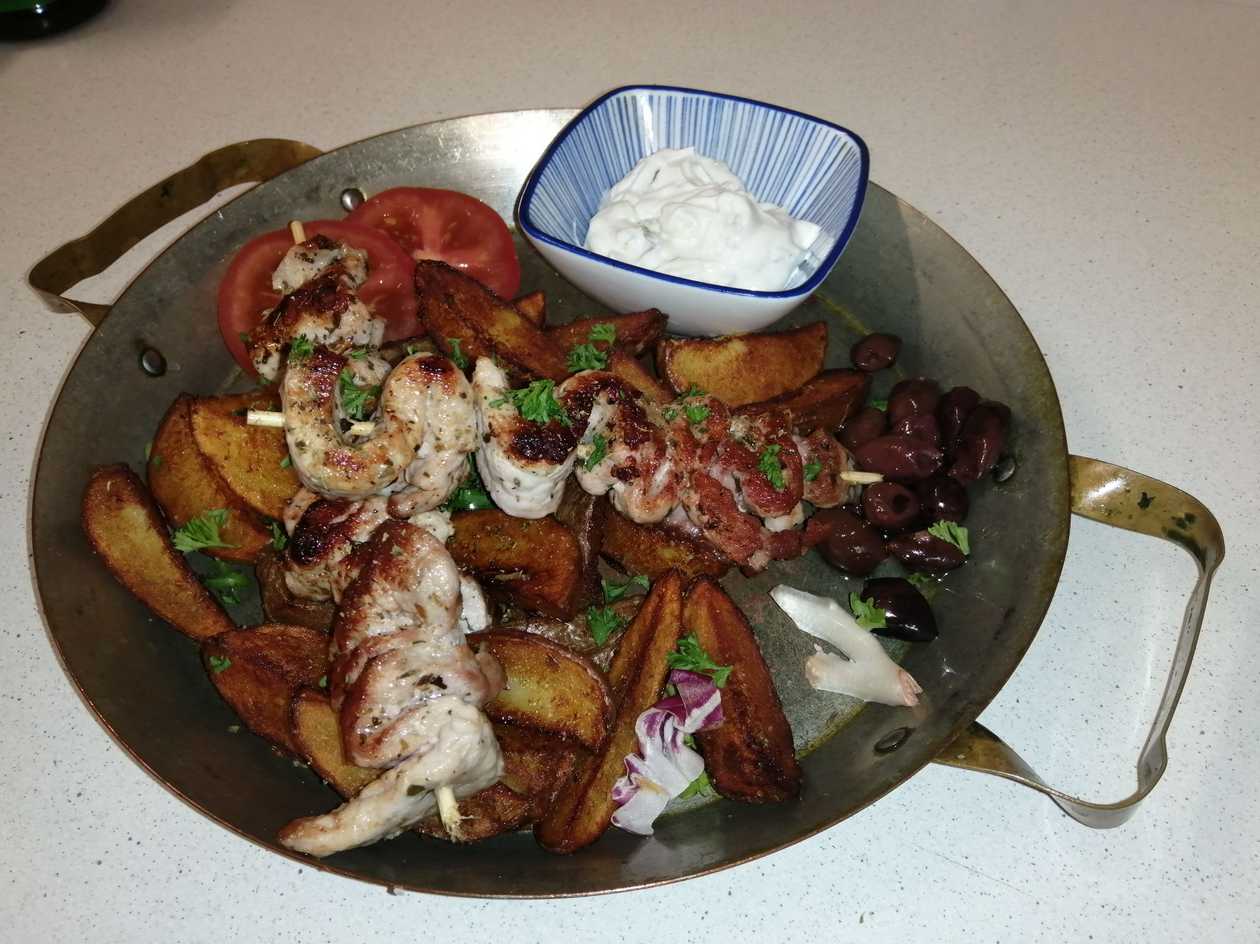 Greek Pork Souvlaki Skewers (2pcs) with Greek Herbs, Farmer Potatoes, and Tzatziki