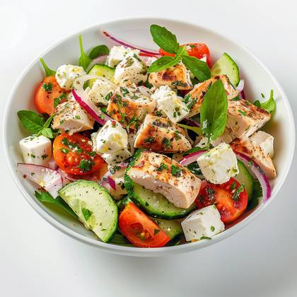 Vegetable salad with chicken and feta cheese