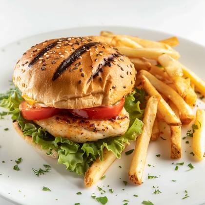 Homemade chickenburger, fries, BBQ