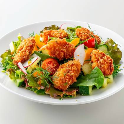 Vegetable salad with fried chicken pieces