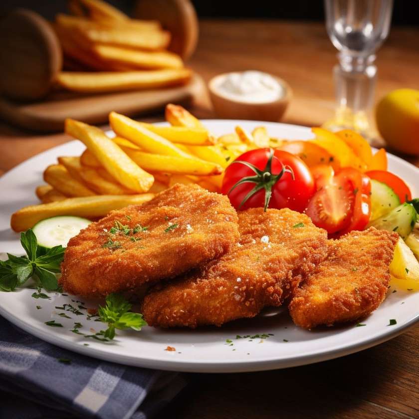 Fried chicken schnitzel, salad mix