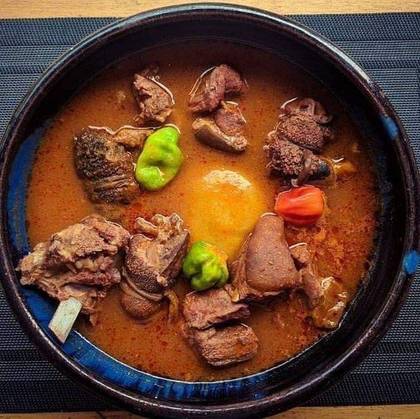 Fufu with Goat Meat,Cow intestines, Beef and Chicken