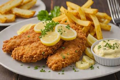 Breaded Chicken Schnitzel with Herb Butter and French Fries