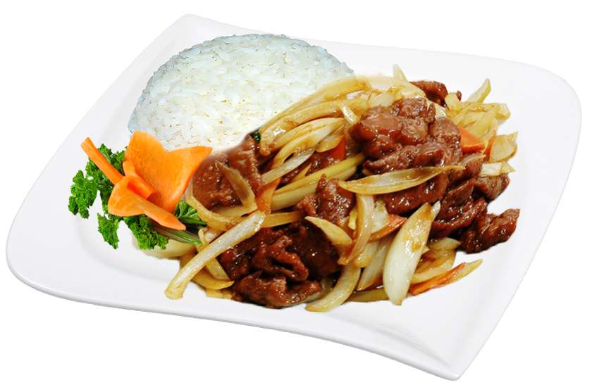 Beef on onions with rice