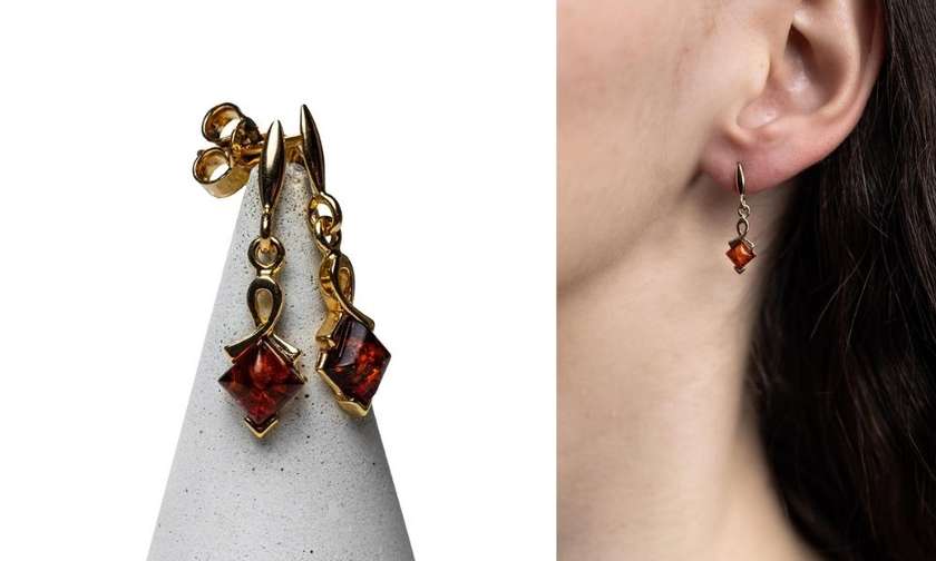 Sudraba Auskari Rombiņi ar Brūnu Dzintaru, Apzeltīti