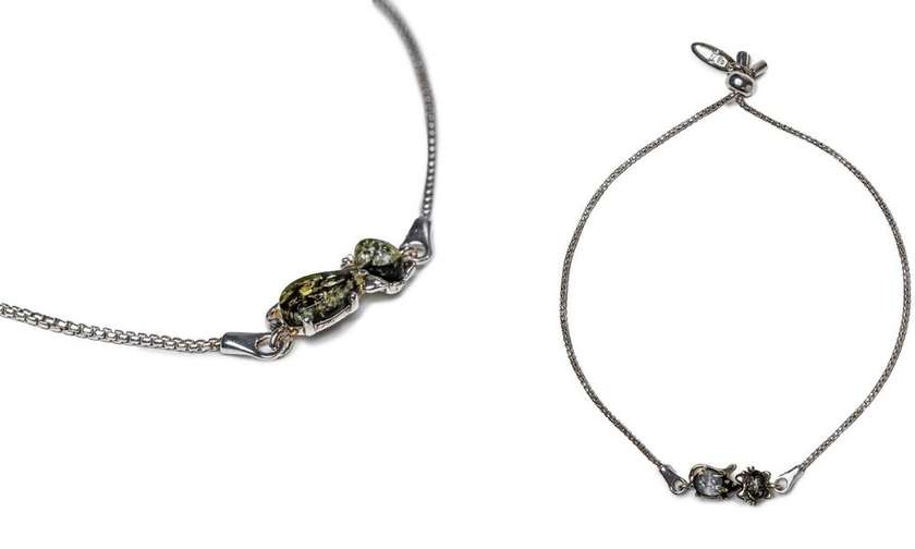 Sudraba Rokassprādze ar Zaļganu Dzintara Kaķīti