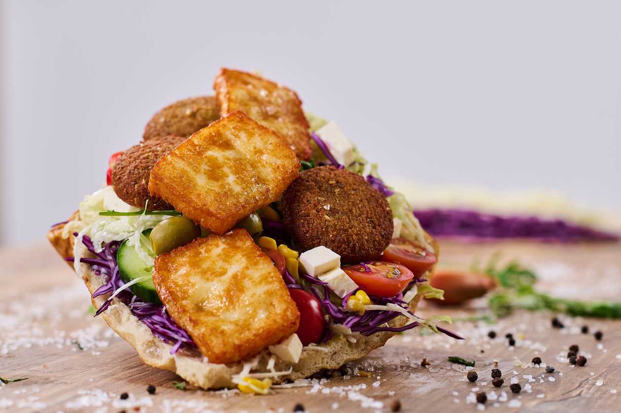 Vegetarian bread with falafel and haloumi cheese