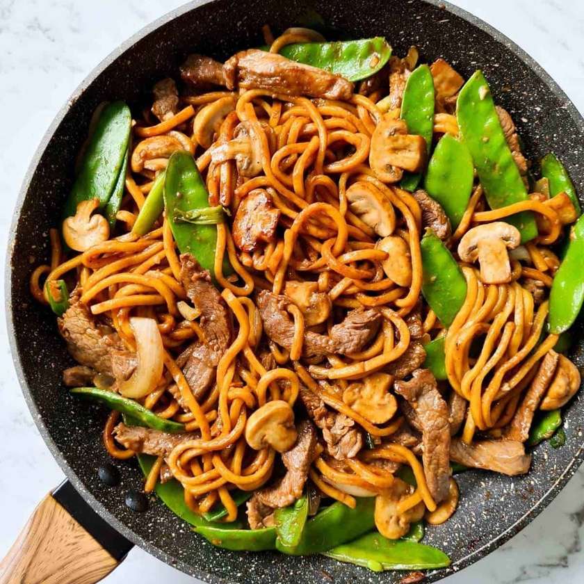 Noodles. Mixed with vegetables & shredded beef or chicken