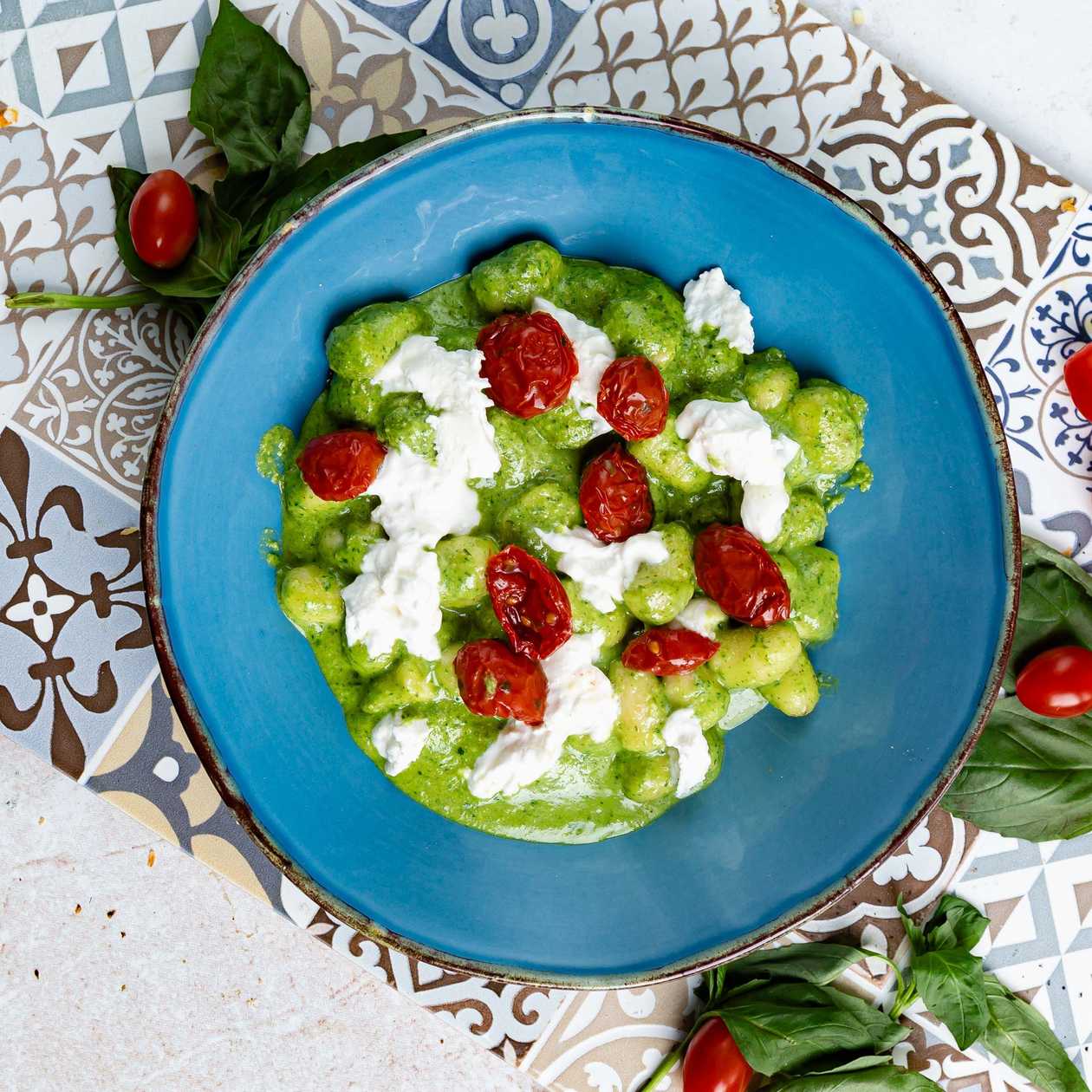 Gnocchetti with Pesto, Burrata and Sun-Dried Tomatoes