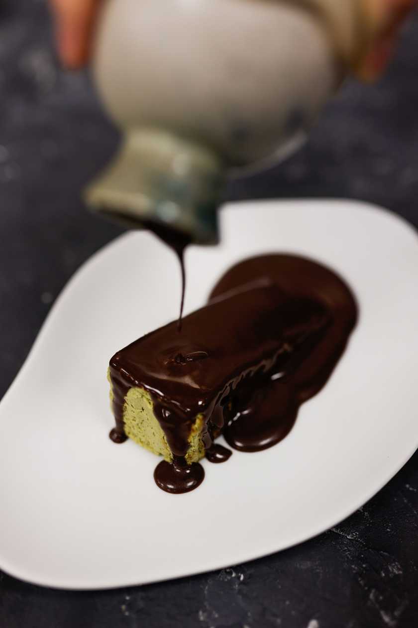 Matcha Cheesecake, Dark Chocolate and White Fried Chocolate