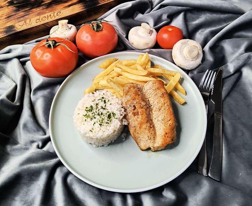 Chicken breast, 1/2 rice 1/2 fries