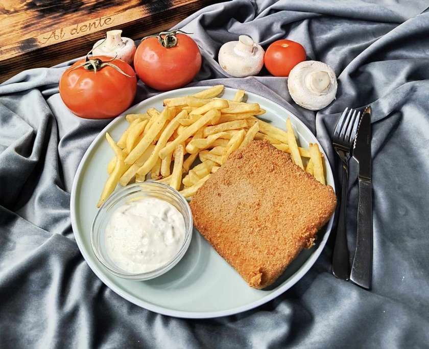Fried cheese, fries, tartar sauce